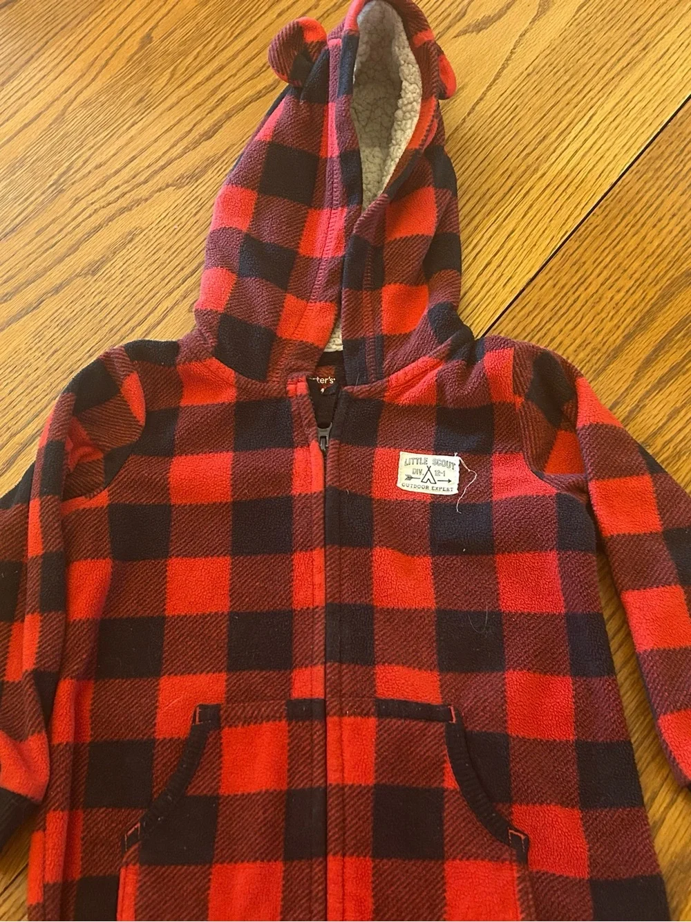 Carter's Red and Black Buffalo Plaid Hooded Fleece Zip Jumpsuit